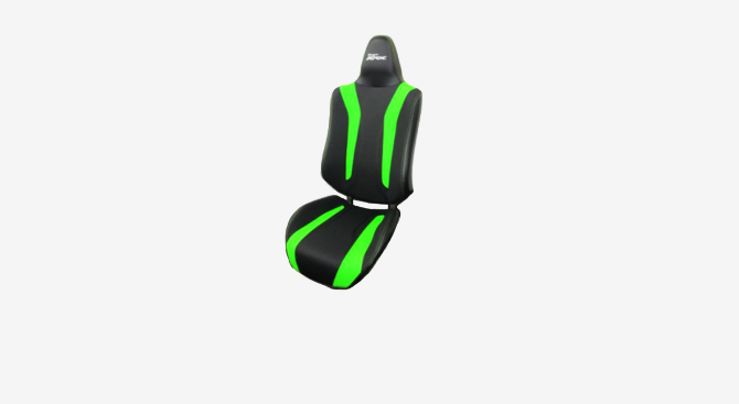 A seat for a white golf cart and a seat for an off-road buggy with a yellow-green accent.